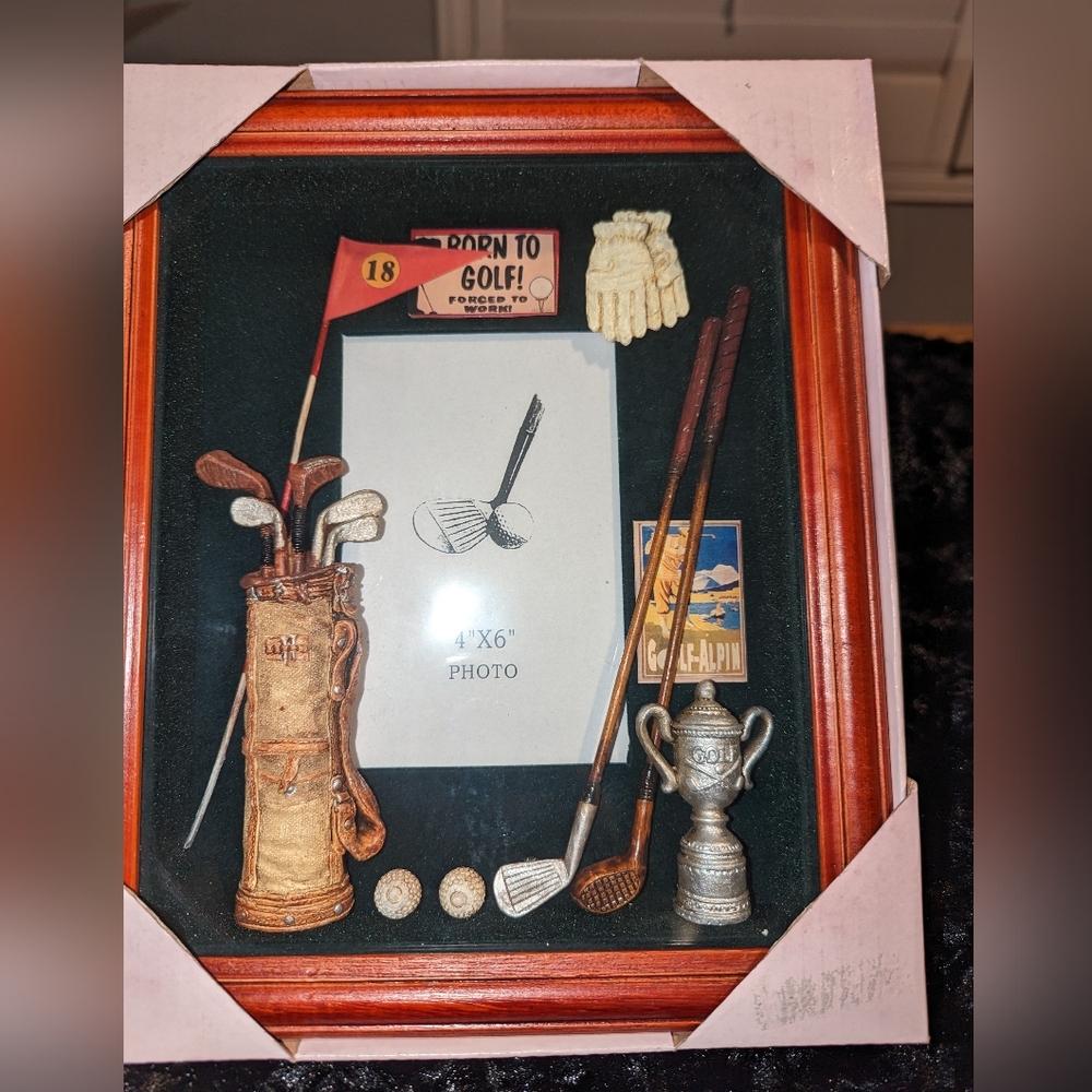 Born To Golf 3D Glass Covered Wood Frame Shadow Box Picture Frame New In Box